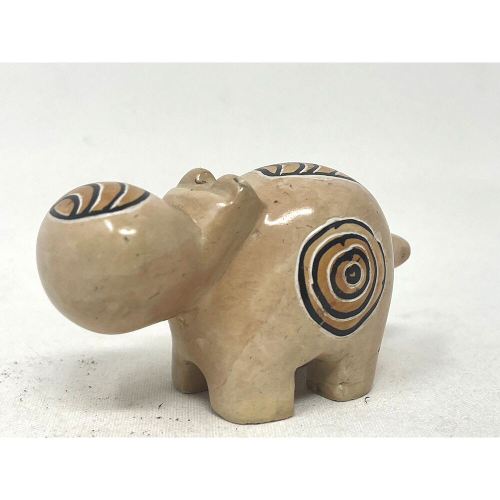 Happy Little Hippo Polished Soapstone - Hand Carved -Painted Figurine 3” Vintage